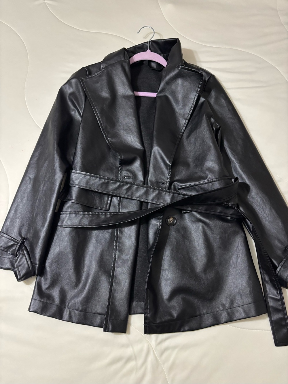 Faux Leather Belted Jacket - Black